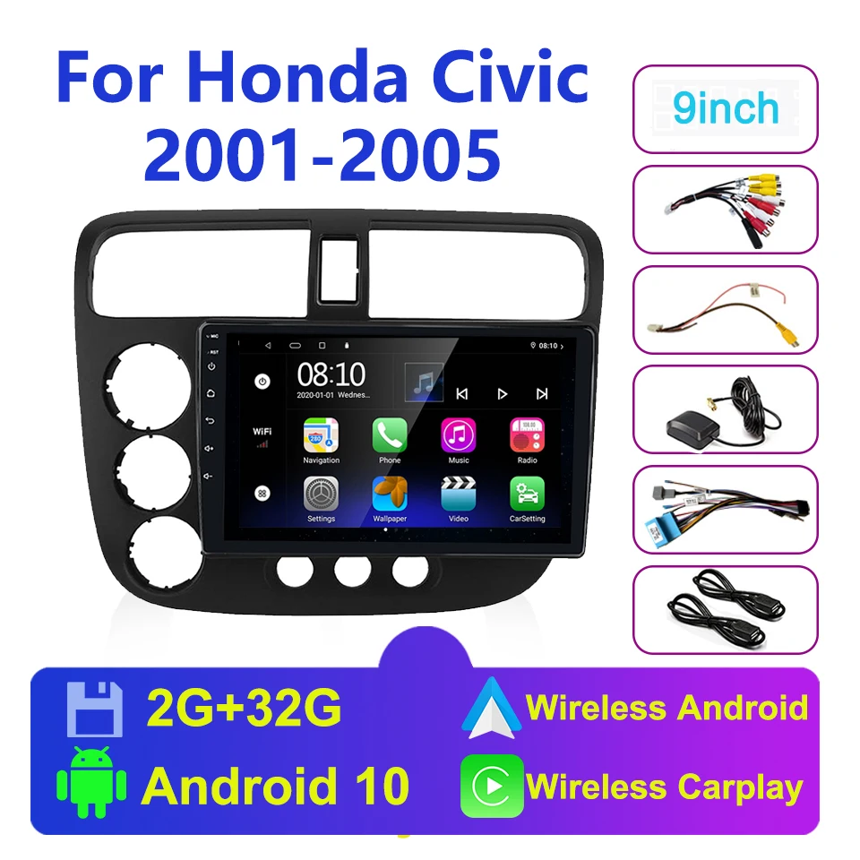 

Wireless Carplay Android 9 inch for Honda Civic 2001-2005 with GPS Navigation Bluetooth USB Player 2G+32G NAND MemoryFlash