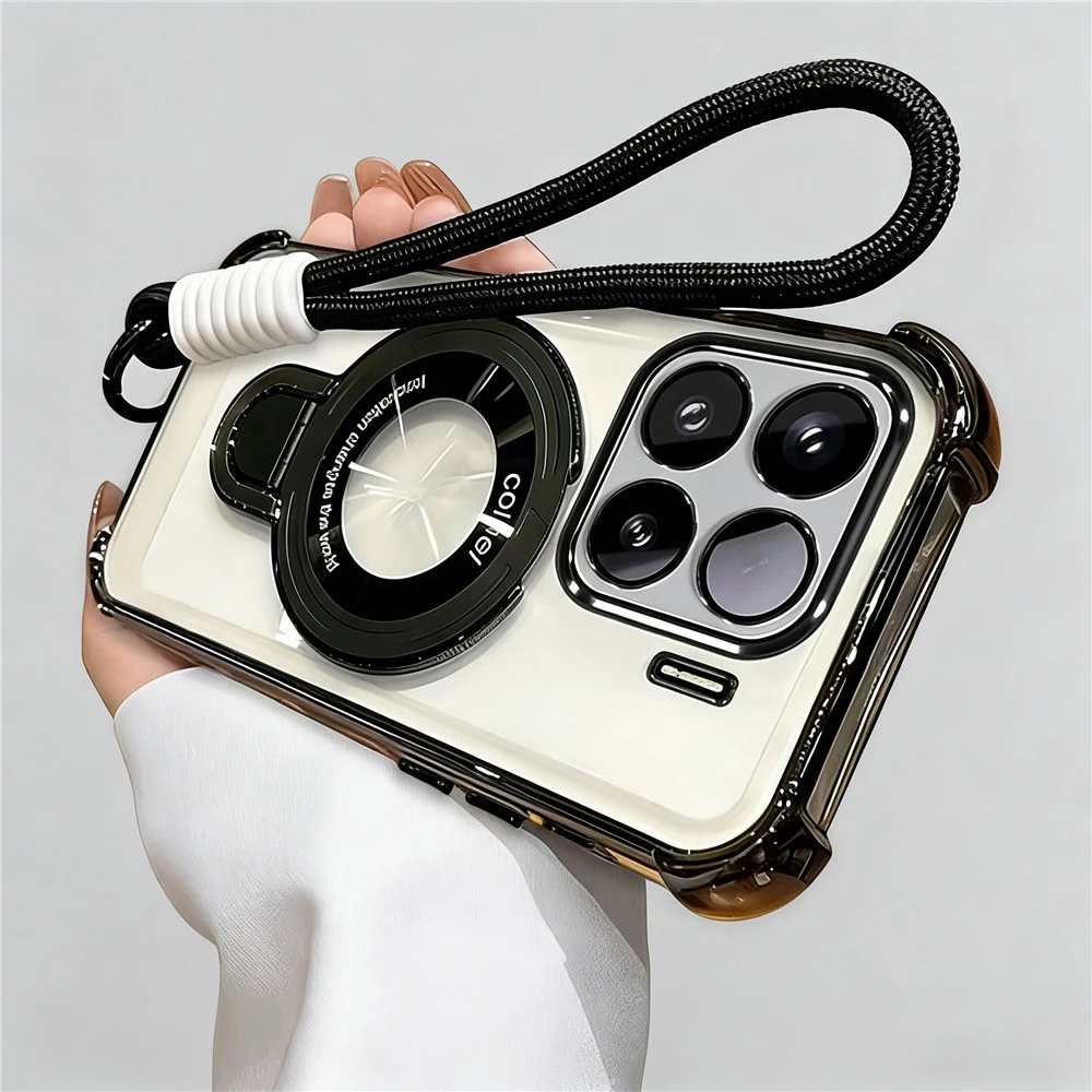 Transparent Shockproof Soft Silicone Phone Case with Rope Lanyard and Stand
