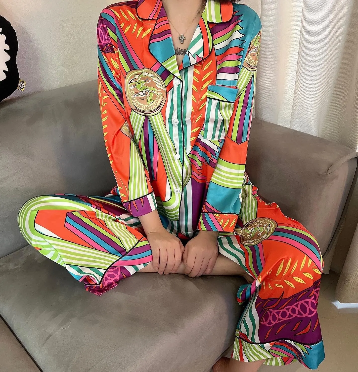 Fashion Silk Women Pajamas Set Fat MM Long Sleeve Spring and Summer Thin Satin Sleepwear Loose Home Clothes Can Be Worn Outside