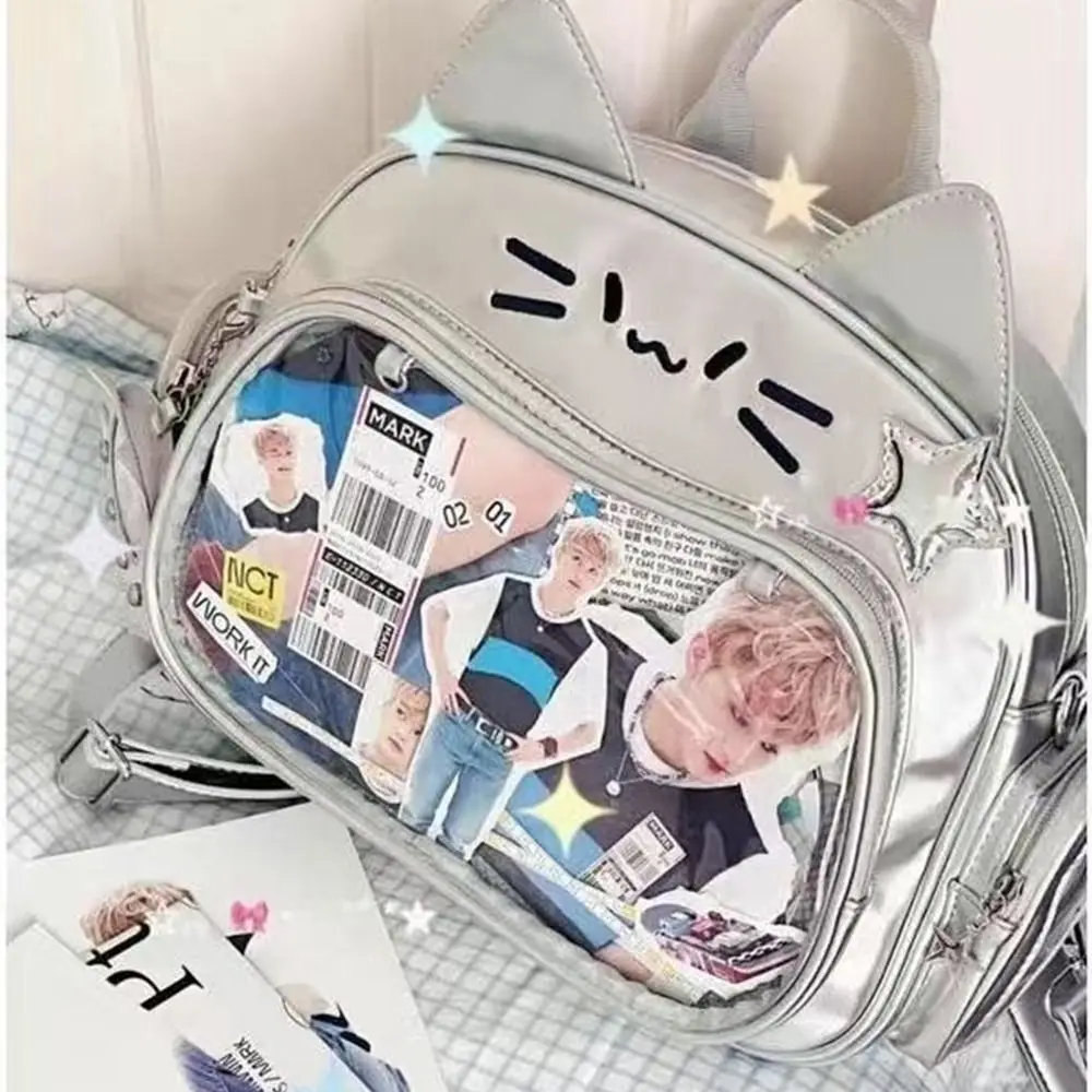 Y2K Korean Kawaii Cat Lolita Bag Cute PU Shoulder Bag Girls Transparent Pocket Harajuku Crossbody Bag Women's Fashion Backpacks 6
