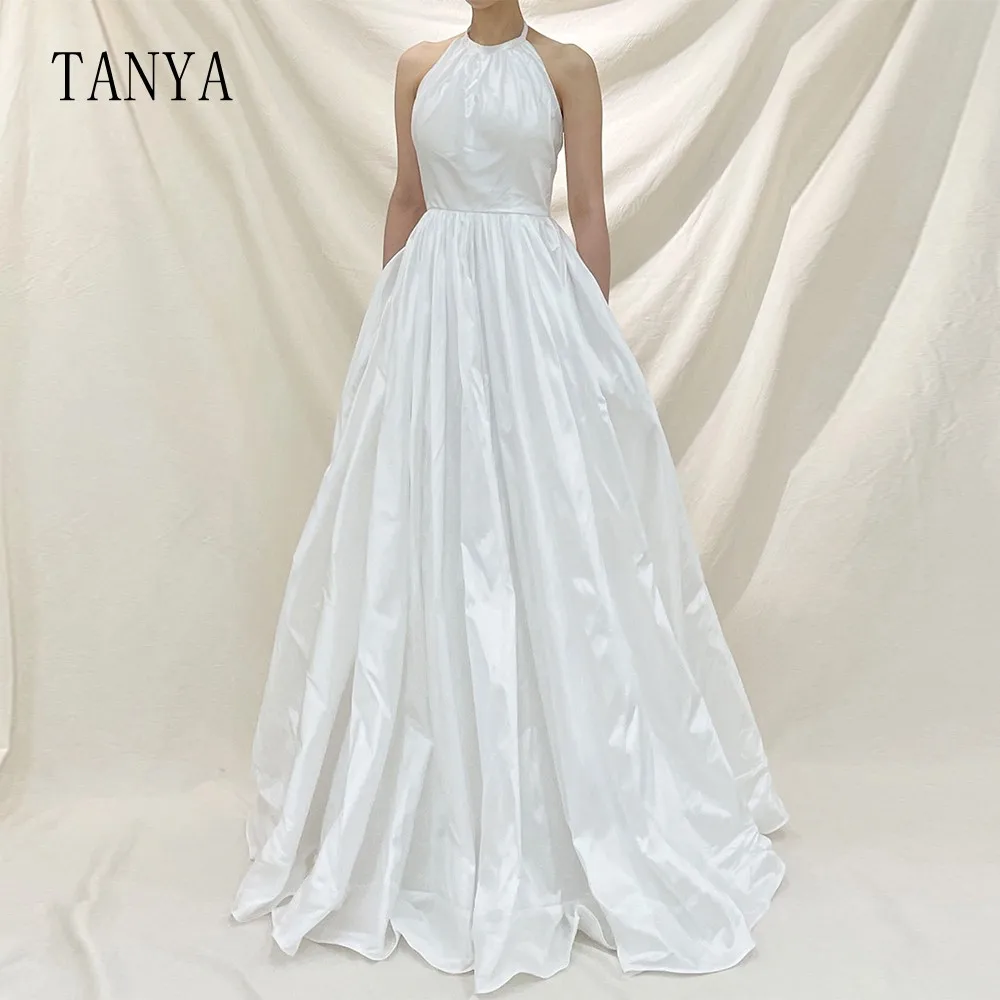 

Halter Neck Taffeta Wedding Dress Sleeveless Floor Length Simple Bridal Gown Sexy Backless A Line Customized Robe De MariéeT167