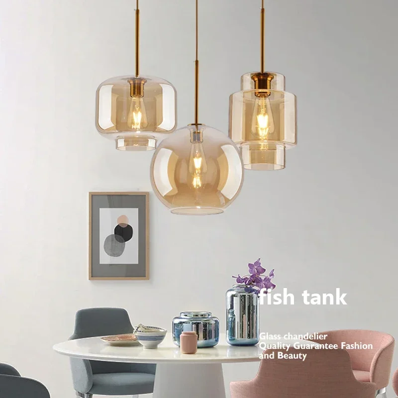 

Nordic Clear Amber Glass Pendant Lamp E27 Cafe Bar LED Hanging Lights For Dining Room Kitchen Restaurant Suspension Luminaire