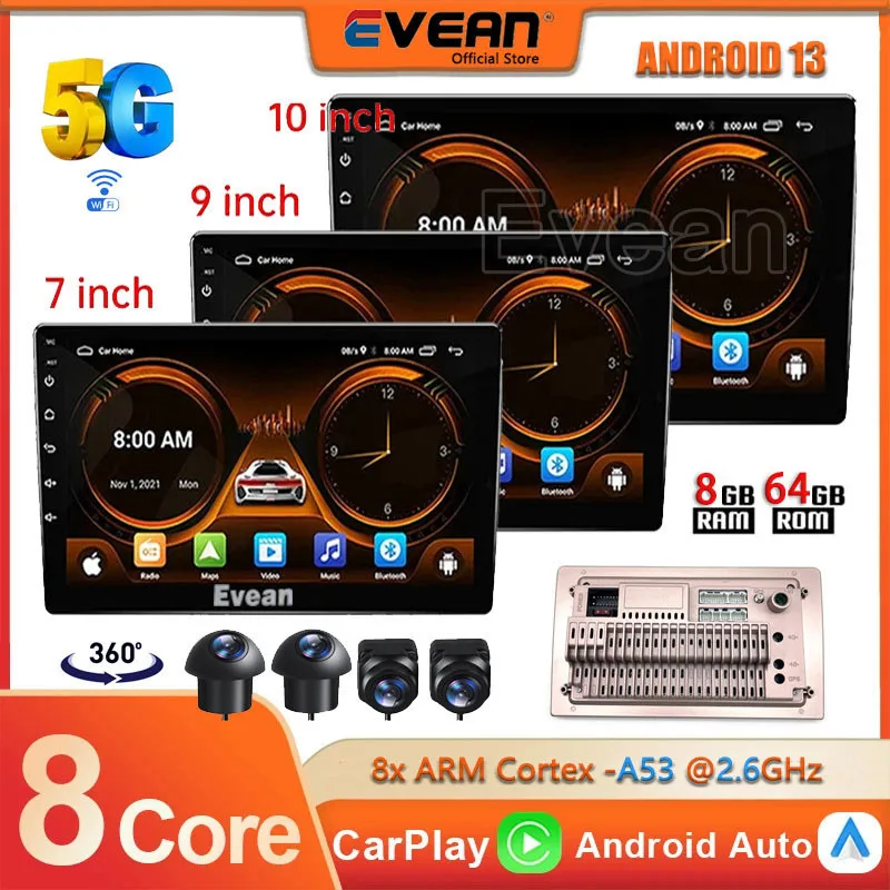

Evean 8G 64G Octa Core Android13 Car Radio Wireless Carplay And Android Auto 2 din Multimedia Player 360 Panoramic Camera System
