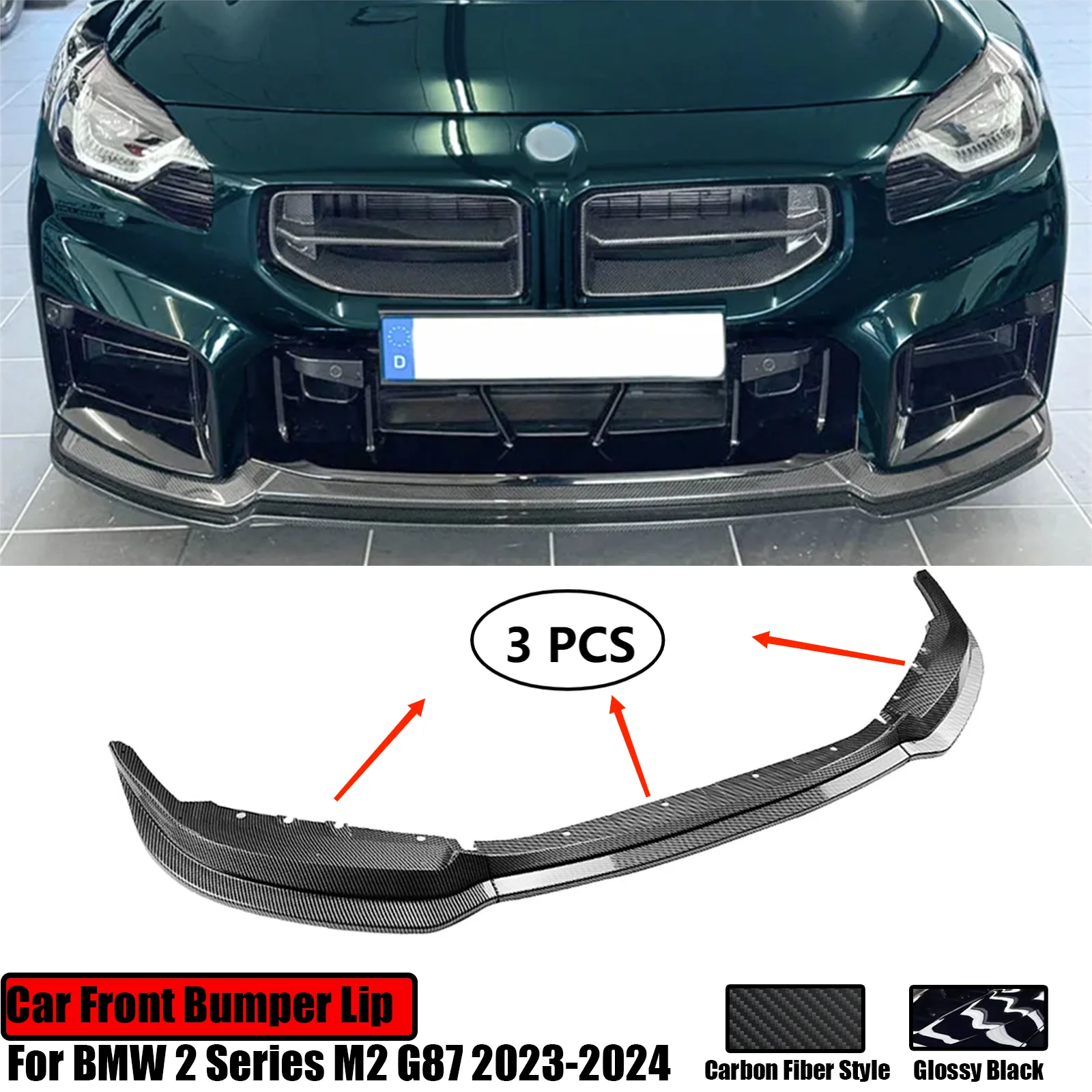 

Car Front Bumper Lip For BMW 2 Series M2 G87 2023-2024 Spoiler Side Splitter Diffuser Guard Trim Glossy Black Carbon Fiber Look