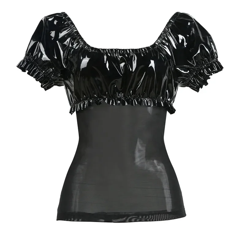 

Сексуальная Женская Сетчатая футболка с вырезами, женская кожаная Сексуальная черная футболка в стиле пэчворк, прозрачные укороченные топы с круглым вырезом, клубная одежда