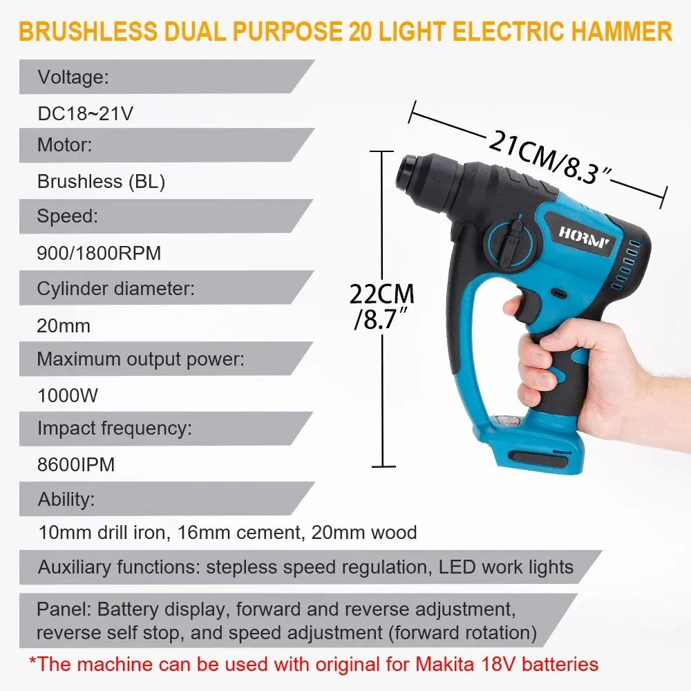 Hormy Brushless Mini Electric Rotary Hammer Concrete Cordless Percussion Drill Punch Power Tools For Makita 18V Lithium Battery 4