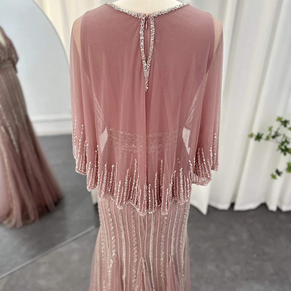 Sharon Said Luxury Pink Mermaid Dubai Evening Dresses with Cape 2023 Elegant V-Neck Arabic Women Wedding Formal Party Gown SS284