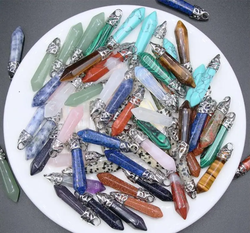 Natural Stone 9*38mm hexagonal pyramid Amethyst Aventurine Rose Quartz Crystal Agates Pendant Charms Diy Necklace