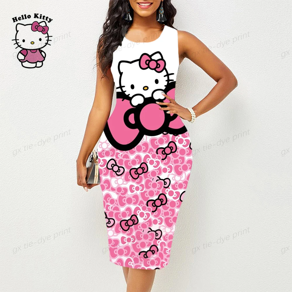 

Hello Kitty Print Sexy skirt Women's Low Chest Dress, Sleeveless Open Back Sexy Tight Slim Fit Dress, Stretchy Bodycon Clothing