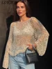 Fashion Women's Sequins Knit Hollow Out Pullovers Loose O-neck Long Sleeve Female Sweaters 2025 Spring Lady Shinny Chic Shirts 1