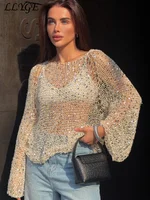 Fashion Women's Sequins Knit Hollow Out Pullovers Loose O-neck Long Sleeve Female Sweaters 2025 Spring Lady Shinny Chic Shirts 1