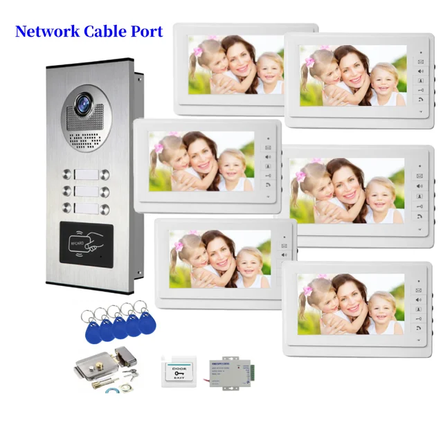 Network Cable Port Building Video Door Phone System RFID Unlock 2-6 Units Apartment Intercom+Electric Lock Doorbell Kits 1