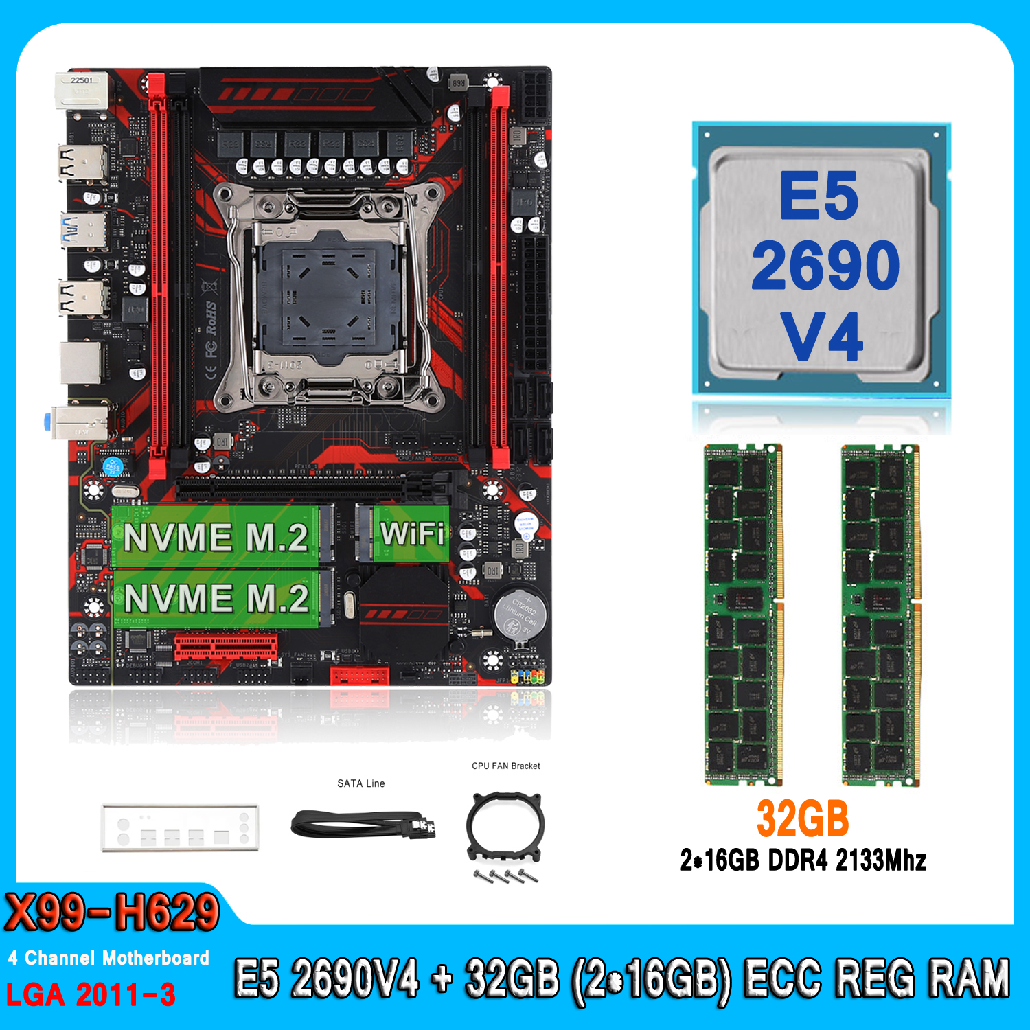 X99 Kit Motherboard LGA2011-3 Set with E5 2690 V4 Processor 32GB(2*16GB) DDR4 2133Mhz Memory E5 2690V4 Four Channel Motherboard