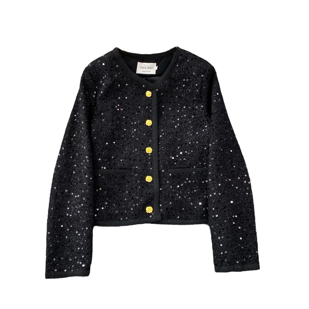 

New Autumn Winter Women Long Sleeve Single Breasted Short Jacket High Quality Fashion Sequined Solid Color Tweed Jacket Outwear