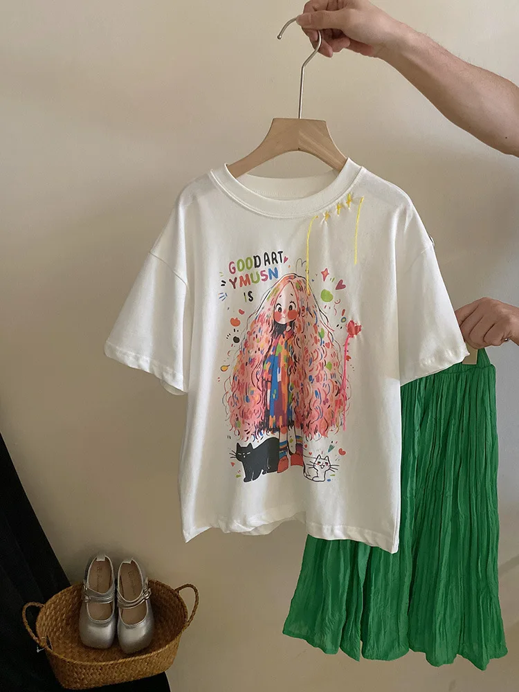 

Suit2024Summer New Little Girl Design CartoonTShirt Top Western Style Fashion Skirt Fashion