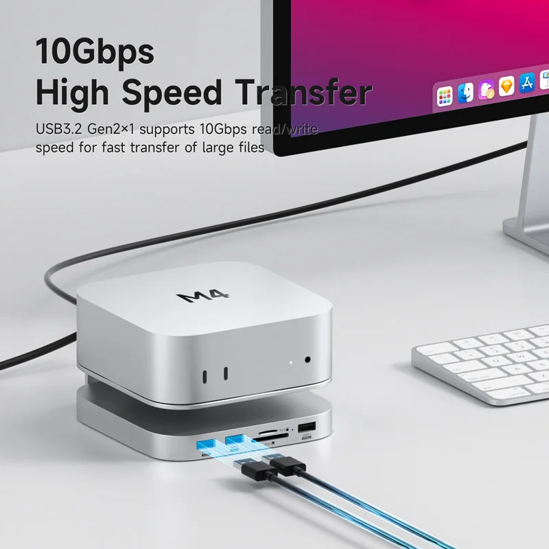 Hagibis USB C Hub with M.2 SSD Enclosure for Mac Mini M4/M4 Pro Stand Type-C Docking Station SSD Case USB3.2 Gen2 SD4.0 TF4.0 5