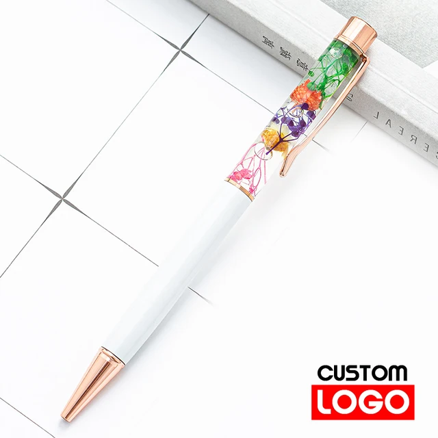 New Eternal Life Flower Oil Pen Metal Ballpoint Pen Lettering Engraved Name Advertising Pen Custom Logo Stationery Wholesale White