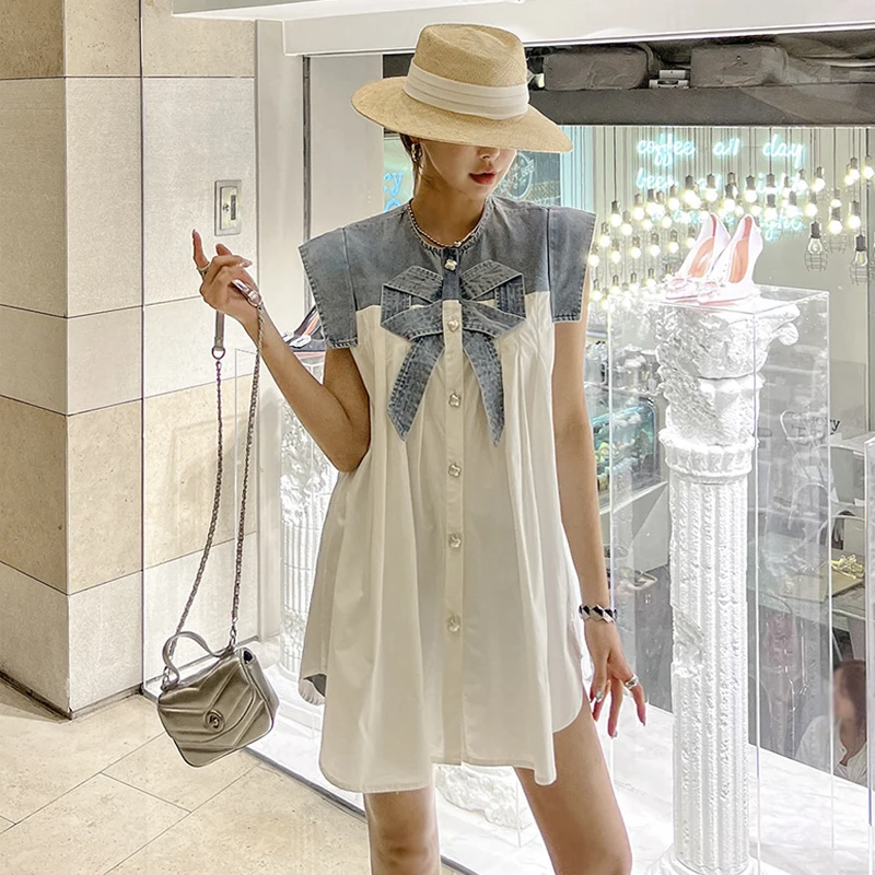 

2023 Summer Formal Denim Stitched Bow Single Breasted A-line Dress Elegant Fashion Slim Bodycon Party Club Dress