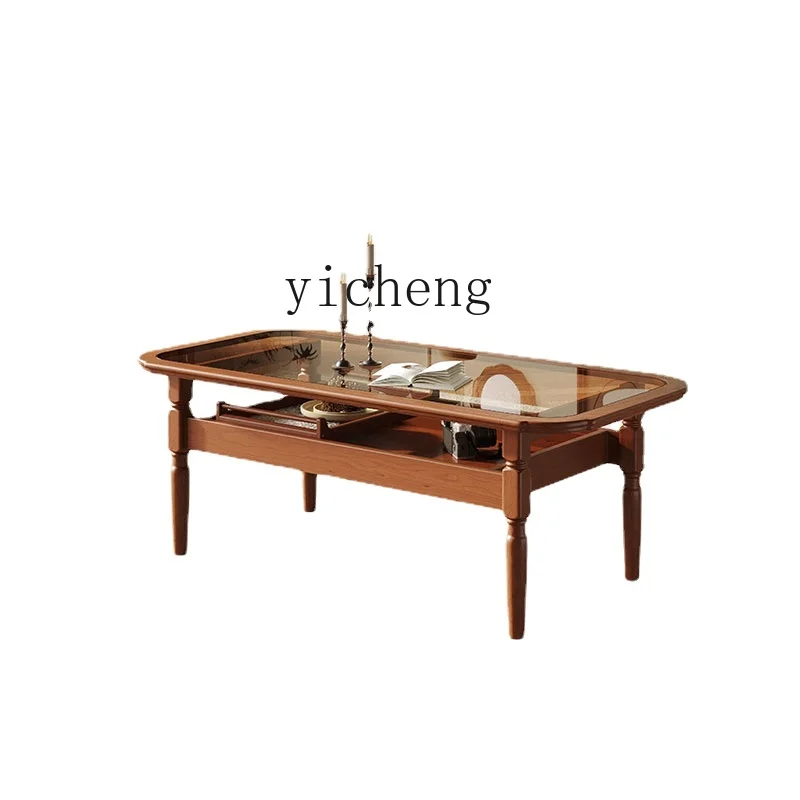 

Zk Ancient Style Solid Wood Glass Tea Table Living Room Home Cherrywood Tea Table Small Apartment Simple