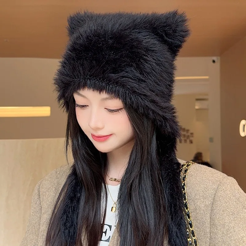 

Autumn and Winter Soft Plush Cute Cat Ears Sweet Pullover Women's Hats Korean Casual Shopping Ear Protection Strap Beanies Cap
