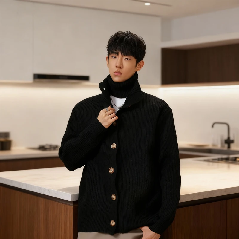 패셔너블한 하이 칼라 남성 니트웨어 루즈 캐주얼 스웨터 솔리드 컬러 오픈 가디건 스포츠 레저 가을 겨울 의류