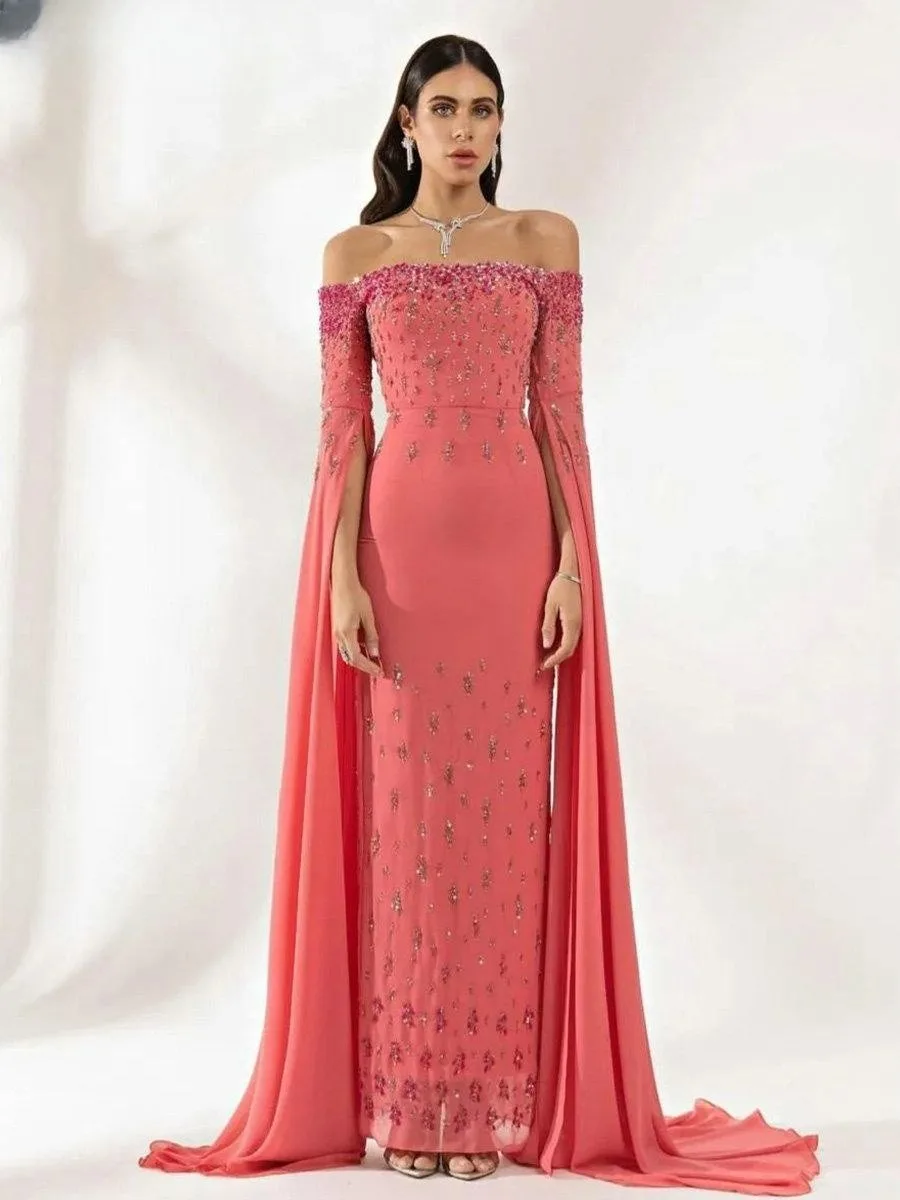 

Oisslec Vestidos De Noche Bateau Neck Elegant Evening Dresses for Women Luxury Bead Sequins Celebrity Party Long Sleeves Prom