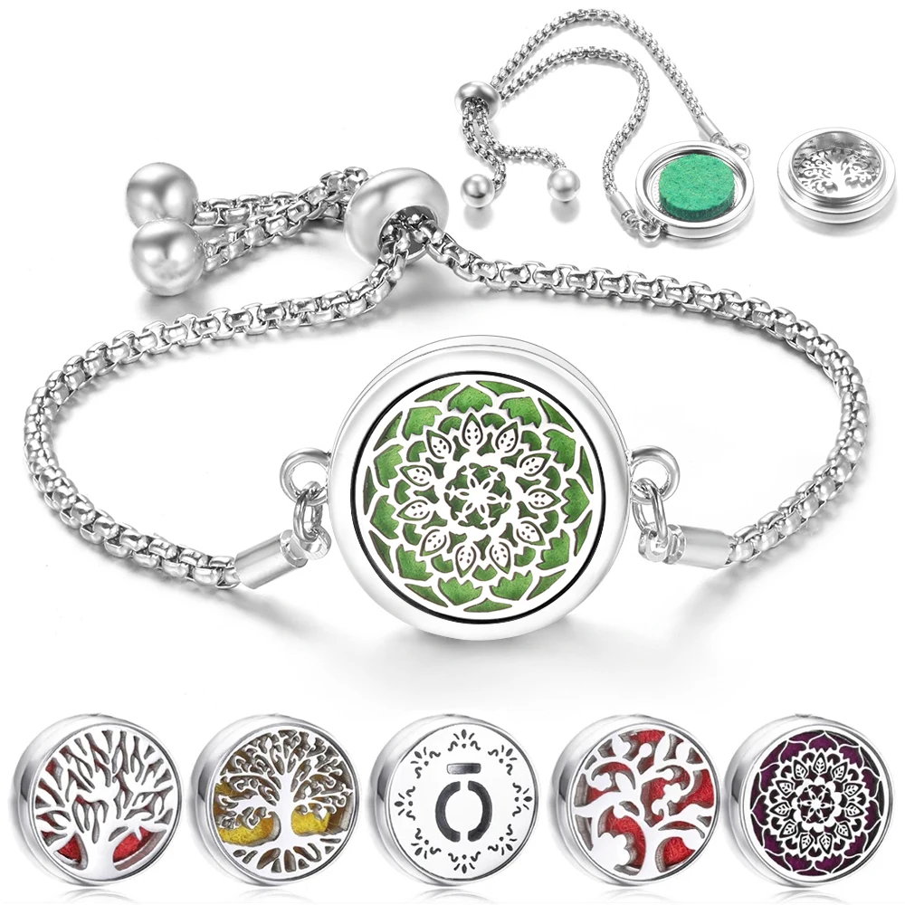 Flower Stainless Steel Pattern Aromatherapy Bracelet Essential Oil Diffuser Perfume Lockets Women Charm Bracelet Jewelry