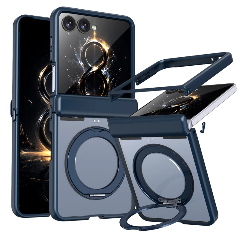 Shockproof Magnetic Transparent Protective Case with Folding Ring Stand and Hinge Protection