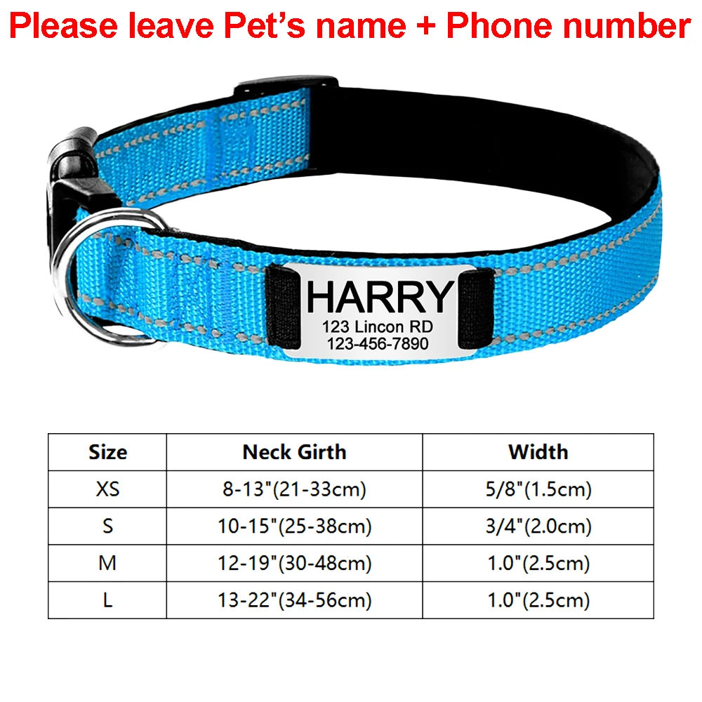 thumbnail image 1 of Collares de nailon reflectantes ajustables para perros con etiqueta de identificación con nombre grabada personalizada, collar luminoso personalizado para cachorros, collar unisex grande, 1 of 5