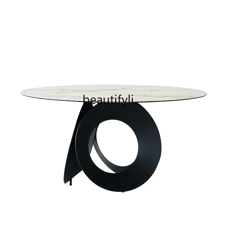 

yj Dining Table Modern Simple and Light Luxury round Table Carbon Steel Foot Slate European round Table