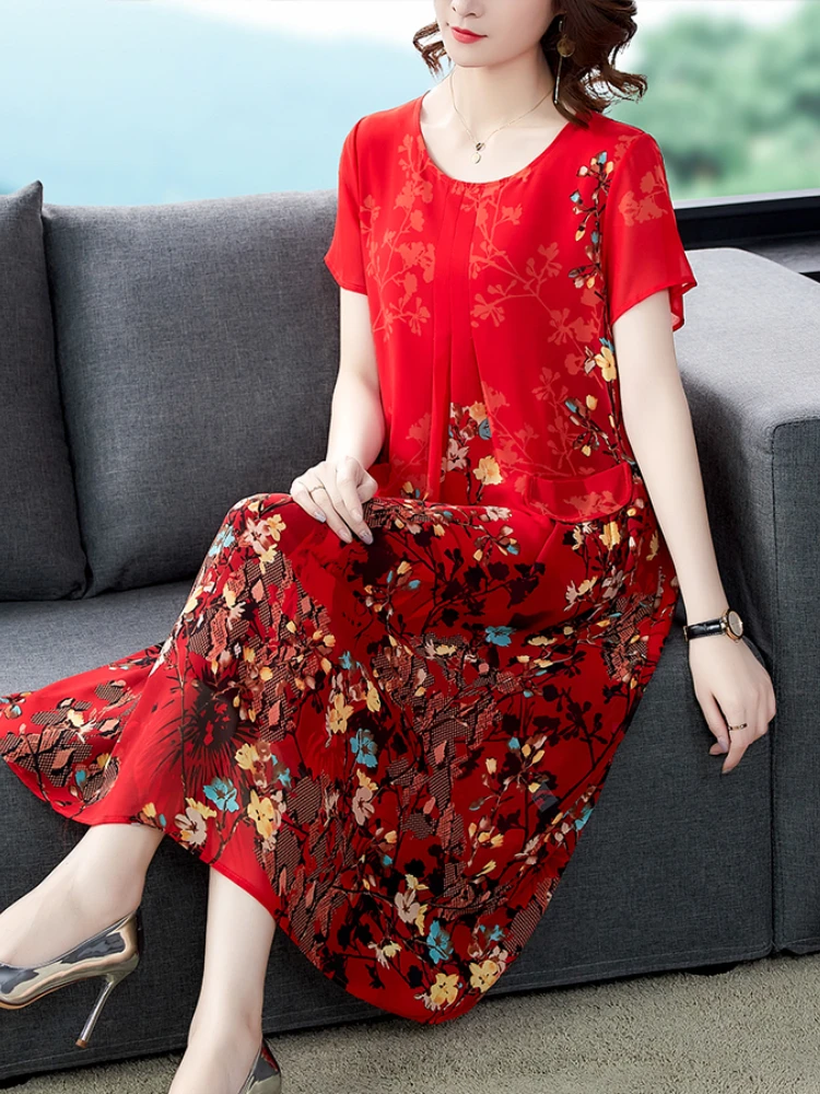 

2023 Blue Floral Chiffon Vintage Midi Dresses Elegant Female Office Lady Print Sundress Summer Party Dress