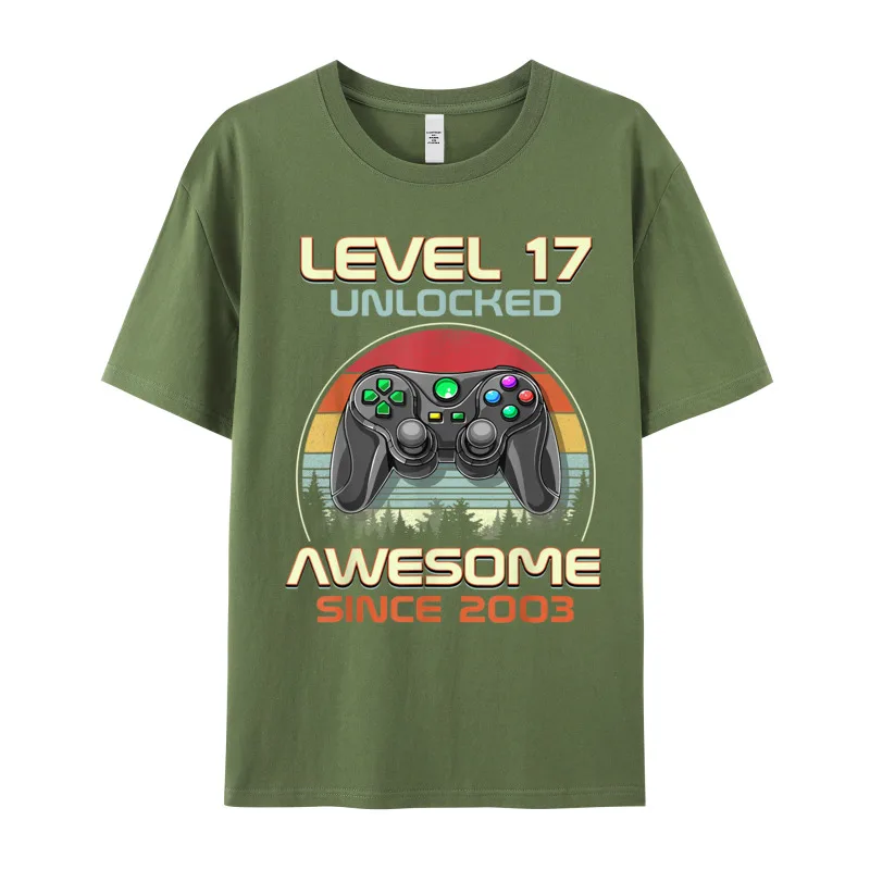 Premium Cotton Mens Short Sleeve Boys Level 17 Unlocked Funny Tshirts Normal Tees Graphic Graphic Crew Neck Tops T Shirt Boys Level 17 Unlocked Funny Video Gamer 17th Birthday Gift T-Shirt__19986 armygreen