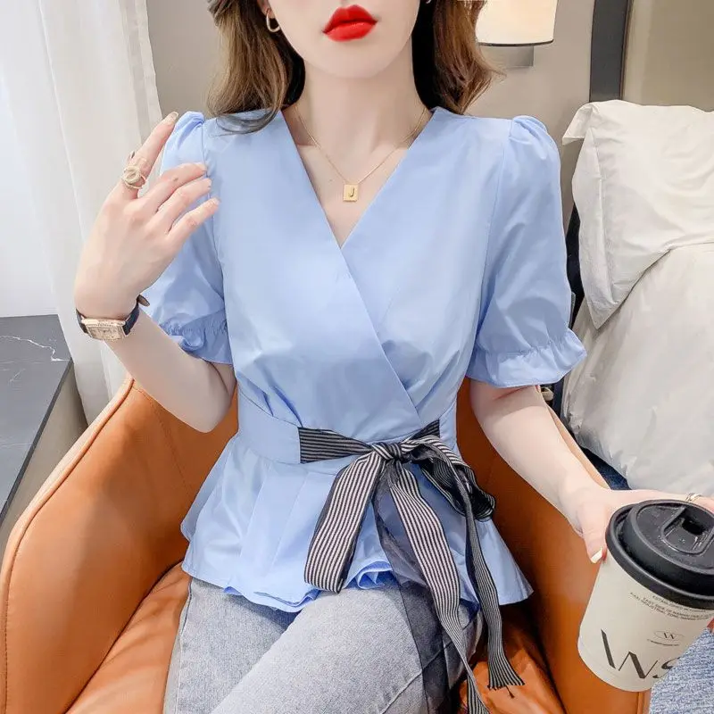 

Korean Commute Summer New Blouses Women's Spliced Ruched Drawstring Bow Solid Loose Fashion V-neck Pullover Short Sleeve Shirts