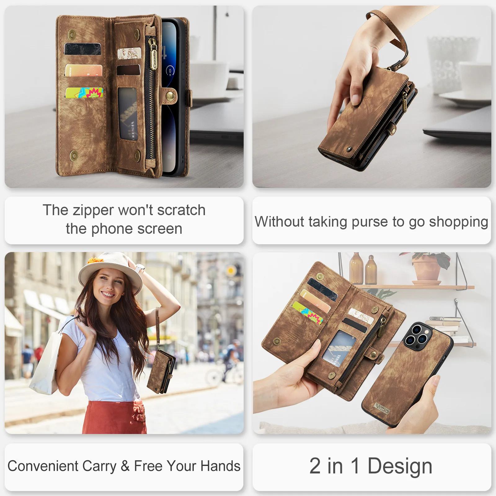 Iphone 14プロマックス財布ケースとストラップジッパー財布