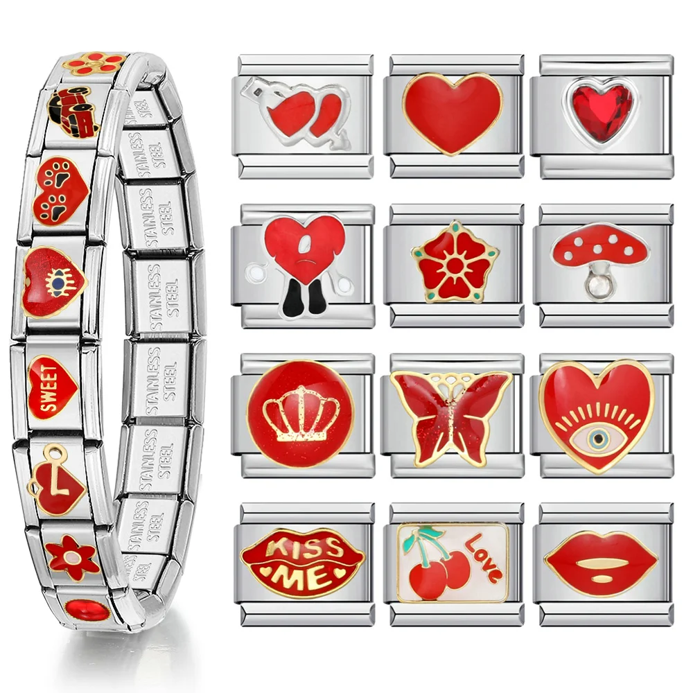1 Stück italienischer elastischer Charm aus Edelstahl, passend für 9 mm klassische rote Blumenkrone, Schmetterling, Liebe, Schmuckherstellung, DIY-Armband