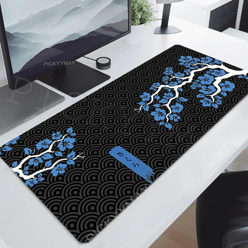 Grande Azul e Branco Sakura Mouse Pad Esteira de Mesa de Escritório pc Gamer Mousepad Tapetes de Teclado de Borracha Presentes 900x400 - Imagem 2