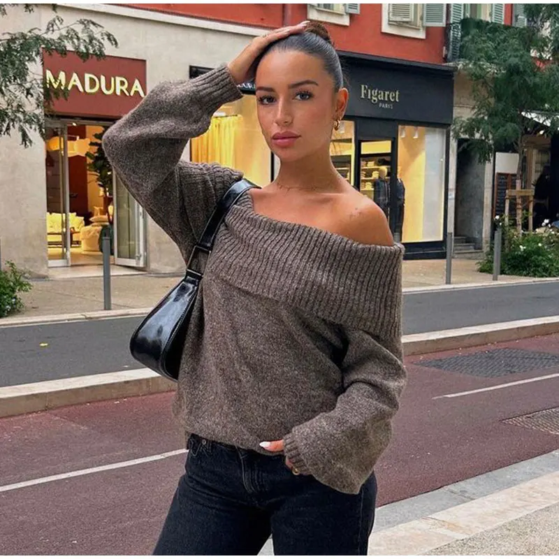S07923c8ee0d2479386f7e29d6941acbd1 Fashion Sexy Solid Off Shoulder Female Jumpers Casual Slash Neck Long Sleeve Sweater Autumn Ladies High Street Knitwear Mallzona
