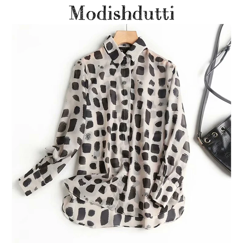 

Modishdutti 2024 Весна Осень рубашка Женская винтажная шифоновая блузка с принтом женские повседневные дикие Топы с длинным рукавом Женские блузки