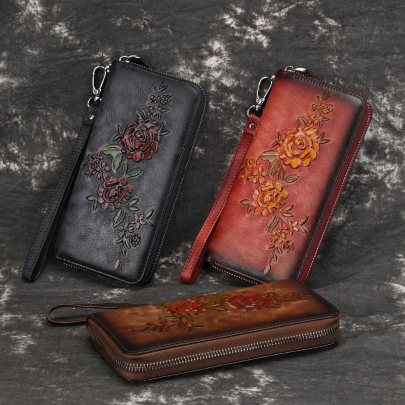 

Luxury vegetable tanned leather long wallet lady flower decorate leather long purse single zipper card wallet for 6 inch iphone