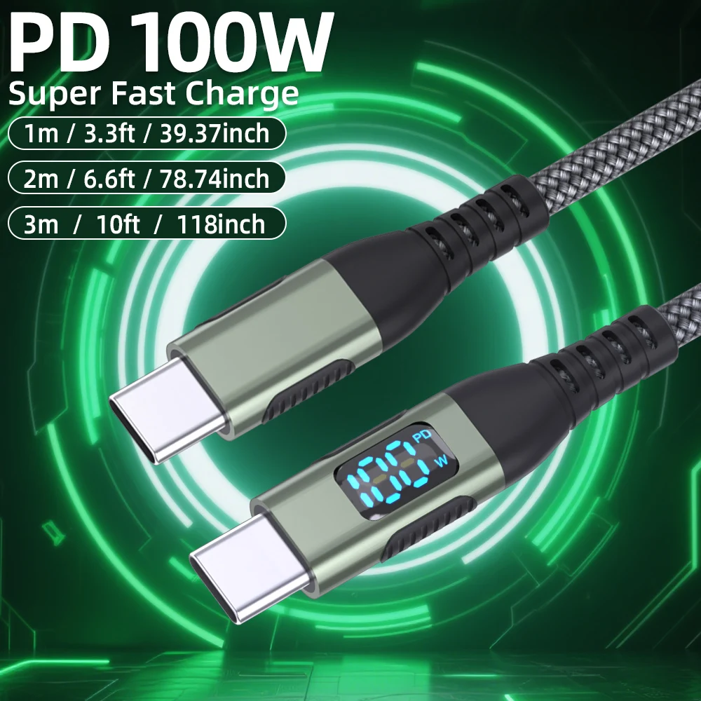 High-Power USB-C to USB-C Cable with Digital Display – Fast Charging Nylon Braided Data Cable