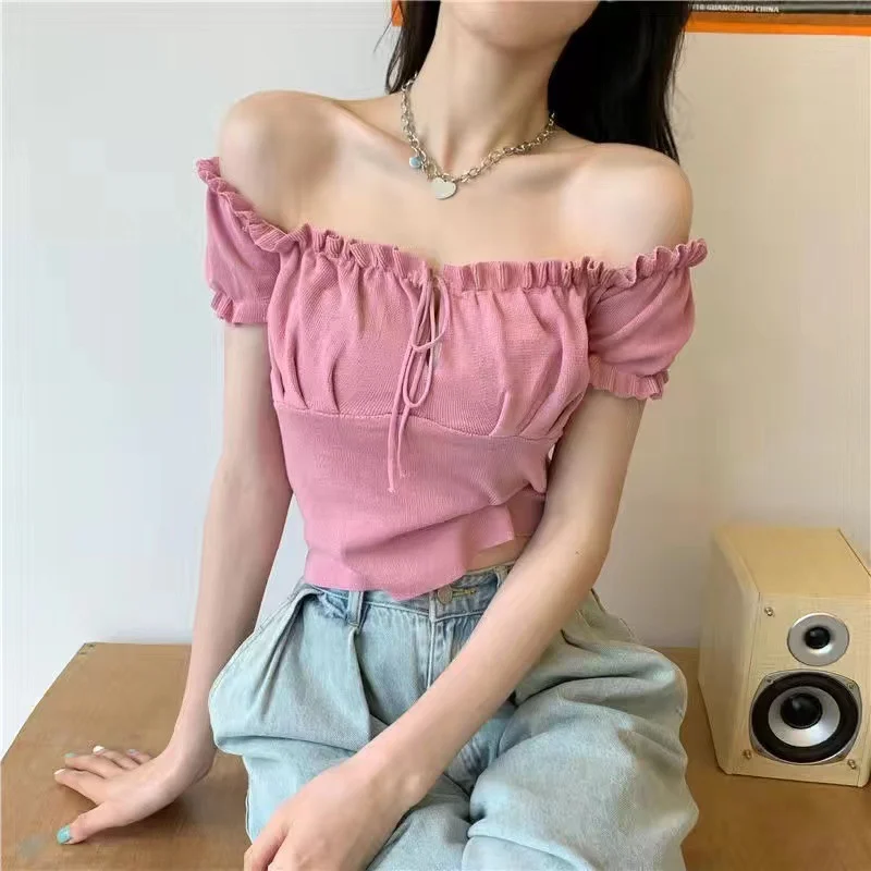 Image of Fashionable Elegant Lock Bone Sensation One-word Shoulder Top Women Summer Design Drawstring Outdoor Wrap Chest Clothes