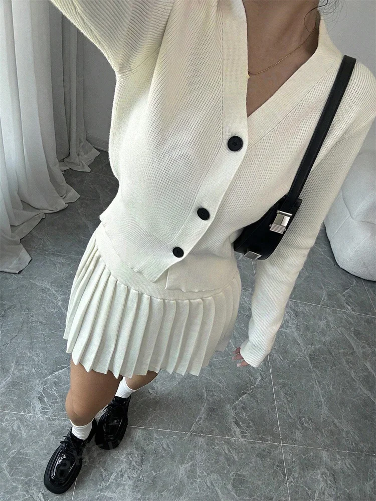 Vintage Female Knit 2 Piece-Set Pleated Skirts Casual Ribbed Cardigan Sweater And Skirt Sets Female Knitwear Outfits