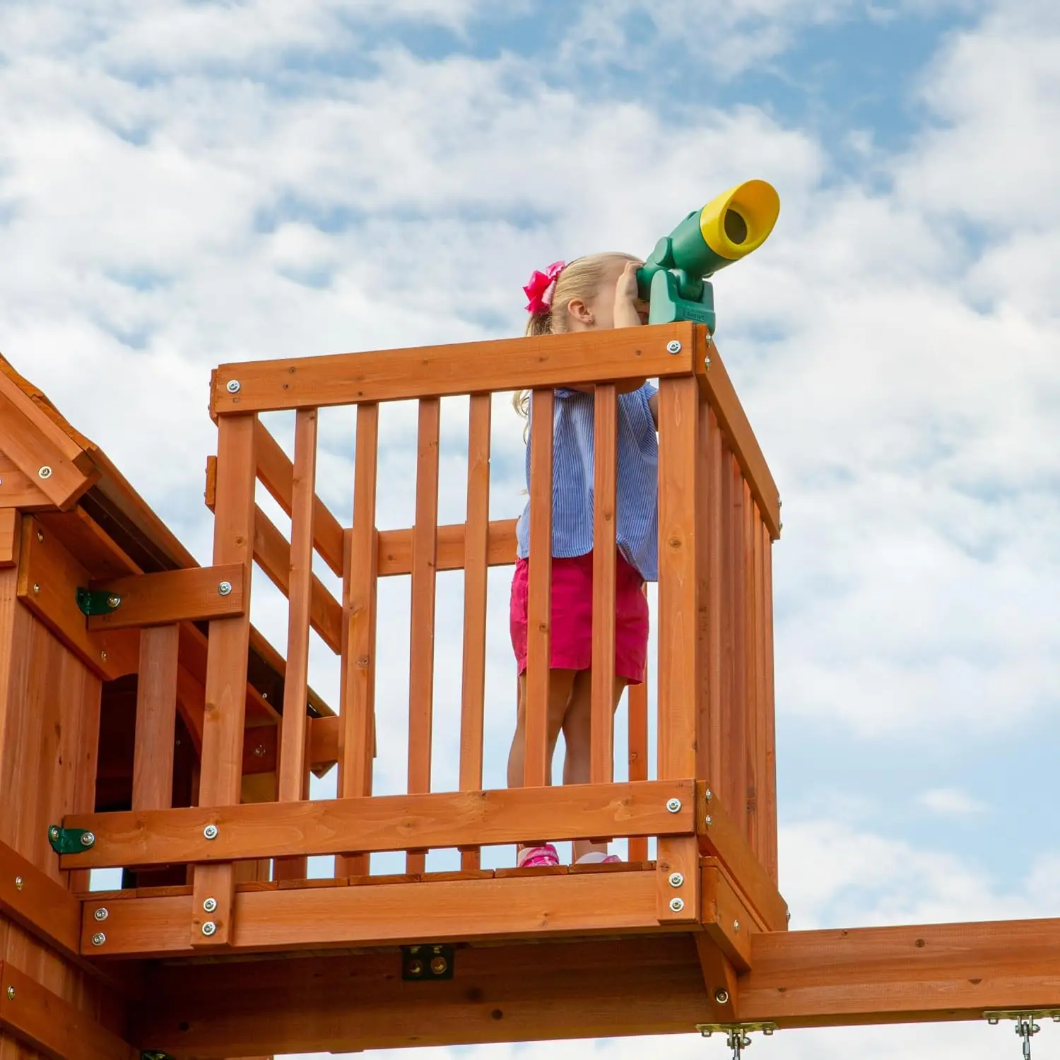 Skyfort II Cedar Wood Swing Set with Wave Slide, Raised Clubhouse, Crow's Nest, Monkey Bars, Balcony, Belt Swings, Trapeze