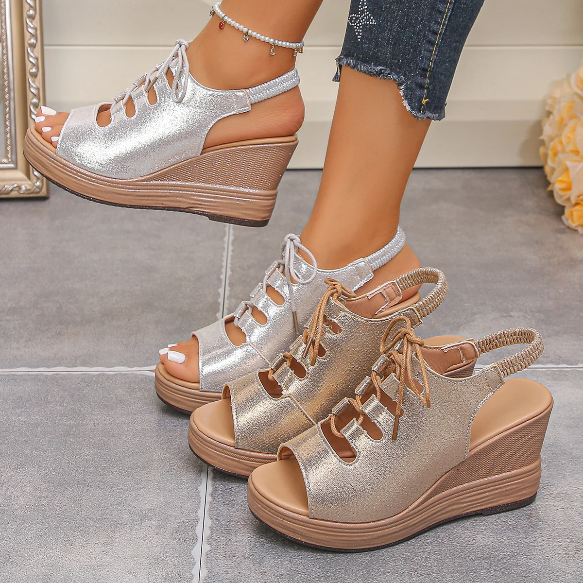 Women Sandals Summer New Anti-slip Wedges Platform Sandals Women Sexy High Heels Shoes Peep Toe Open Shoes Sandalias De Mujer