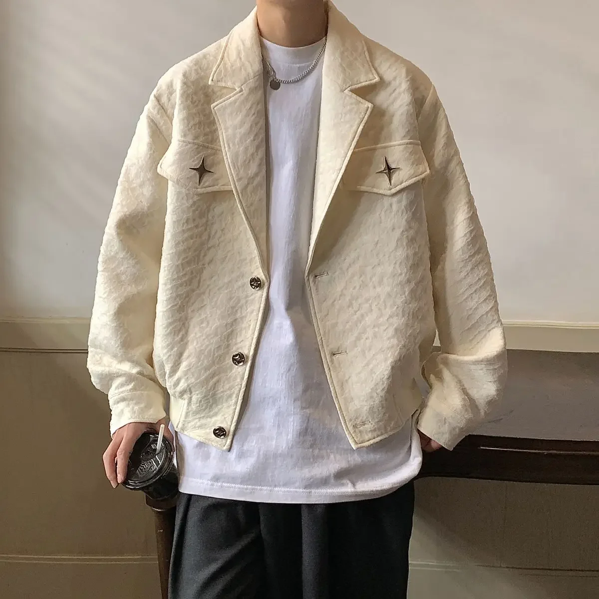 Men's Clothing Vintage Blazer Collar Coat Men's Spring and Fall American Niche Design Pilot Jacket High Street Fashion Jacket