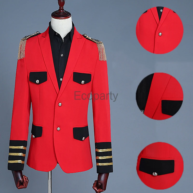 

New Fashion Men's Deluxe Blazer Coat Black Red Pocket Chain Slim Jackets Male Singer Stage Dance Performance Costumes Coats