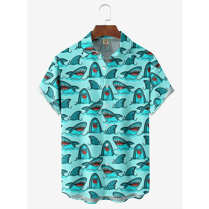 

New Hawaii Shirt For Men Kawaiian Shark 3D Print Short Sleeve Cuban Blouse Beach Summer Holiday Shirts Streetwear Daily y2k Tops