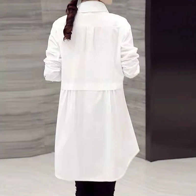 여성용 올매치 버튼 솔리드 미디 셔츠, 스플라이스 루즈 긴팔 폴로 넥 블라우스, 한국 패션, 봄, 가을, 2023, 신상