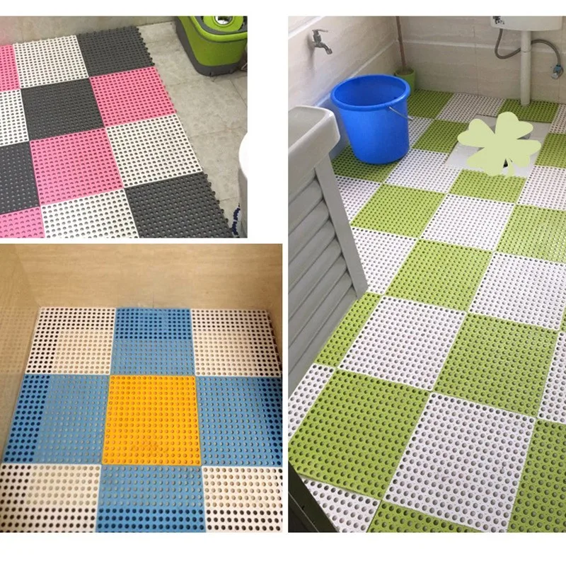 6pc Waterproof Bathroom Shower Mats Non-slip Plain Stitching Plaid DIY  Cuttable Roll Floor Hollow Splicing