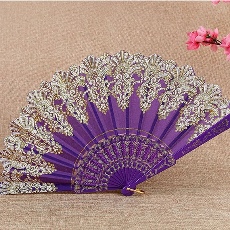 Art Craft Gift Chinese Style Folding Fan Hand Gold Powder Plastic Fan Dance Wedding Party Folding Fan Gift Home Decor